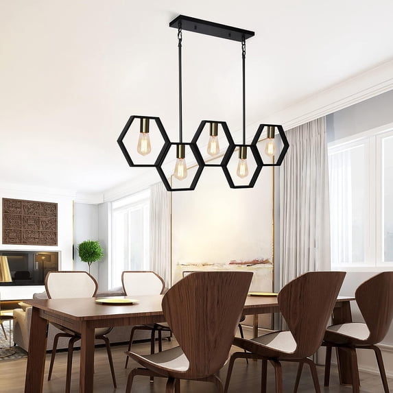 5-Light Dining Room Light Fixtures Over Table, Industrial Kitchen Island Lighting, Adjustable Height Hanging Rectangular Chandelier, Modern Pool Table Lights, Black/Gold Finish