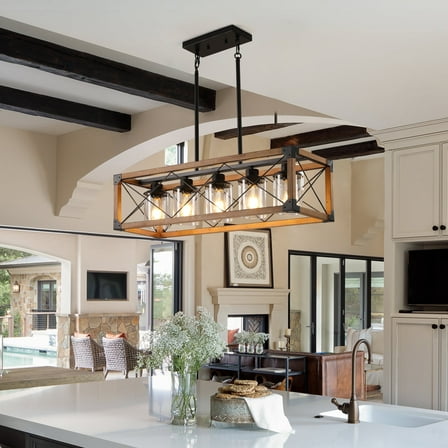 5-Light Farmhouse Chandelier for Kitchen Island, Rustic Hanging Lights Fixture with Clear Glass Shades, Adjustable Height Wood and Metal Fixture for Dining Room, Foyer, Entryway, Walnut Finish