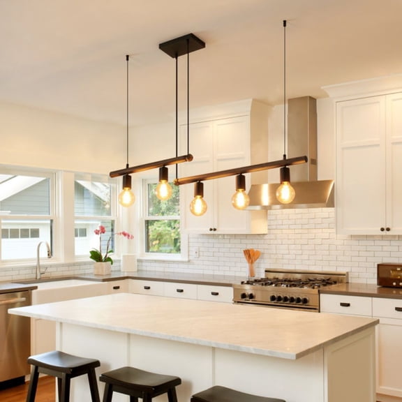 5-Light Farmhouse Chandelier Light Fixture, Vintage Kitchen Island Ceiling Light for E26, 50W Dimmable Pendant Lighting for Dining Room, Kitchen, Breakfast Bar, No Bulbs Included