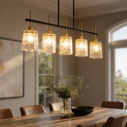 5-Light Farmhouse Chandelier, Rustic Linear Kitchen Island Light Fixture with Glass Shades, Modern Industrial Pendant Lighting for Dining Room Table Living Room