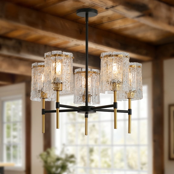 5-Light Farmhouse Chandelier, Rustic Linear Kitchen Island Light Fixture with Glass Shades, Modern Industrial Pendant Lighting for Dining Room Table Living Room