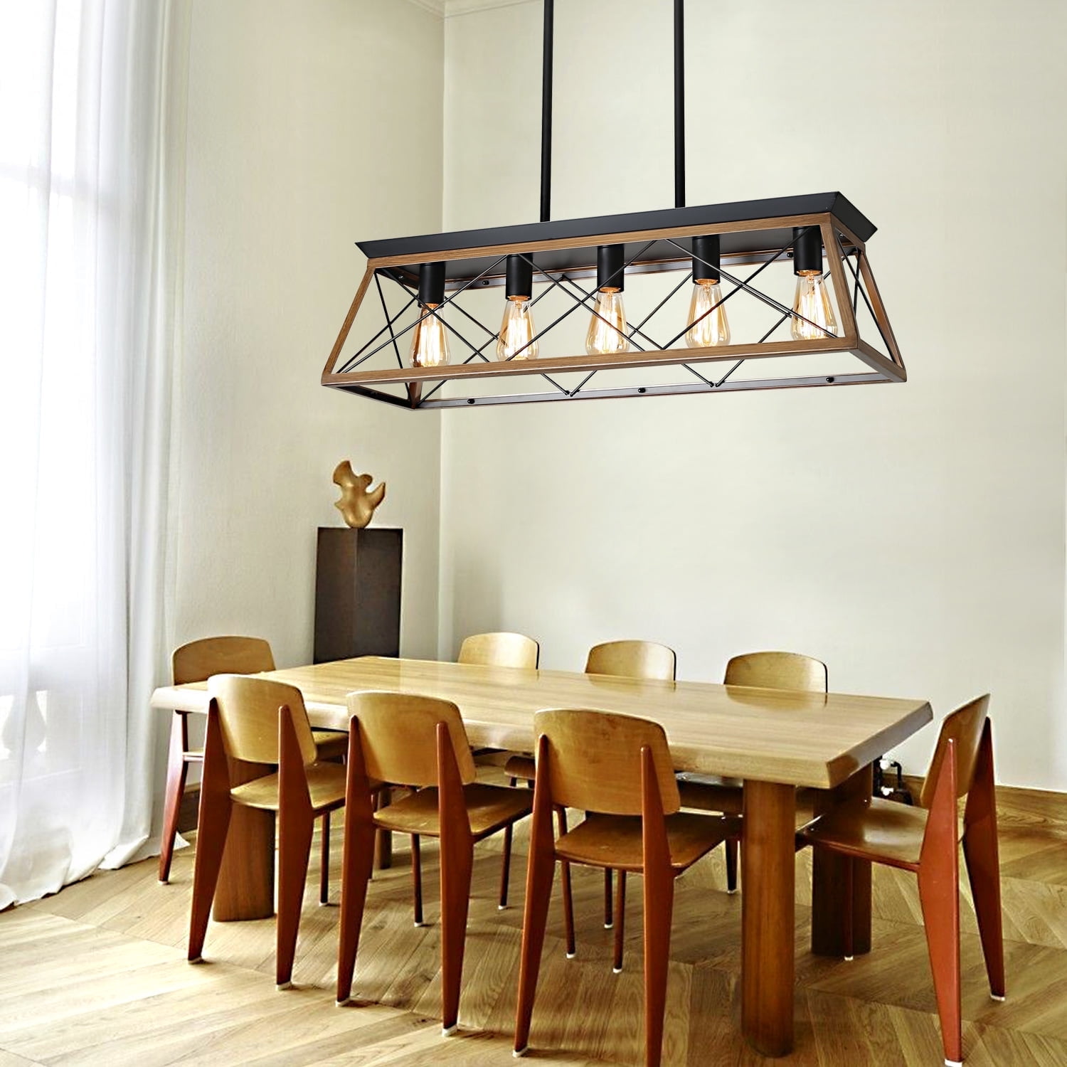 5-Light Farmhouse Chandeliers for Dining Room, Rustic Kitchen Island Light Fixture, Linear Pendant Light with Walnut Finish Rectangular Chandelier, Metal Solid Ceiling Lights