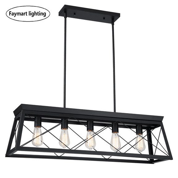 5-Light Farmhouse Matte Black Chandelier Industrial Pendant Lighting for Kitchen Island for Dining Room, Living Room