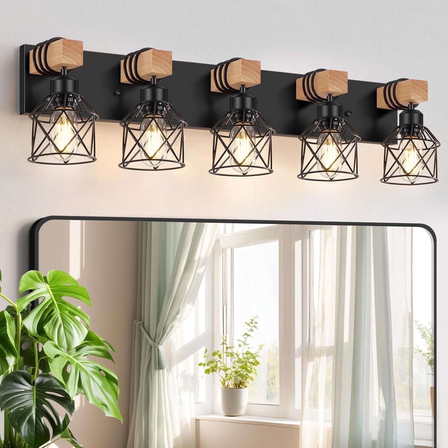 5-Light Farmhouse Wood Bathroom Vanity Lights over Mirror with Metal
