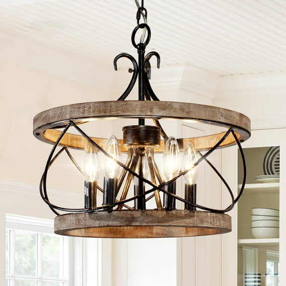 5-Light Farmhouse Wood Chandelier,Rustic Drum Chandelier,Black Vintage Chandelier for Dining Room Entryway Foyer Kitchen Island Hallway (15.7 Inch)