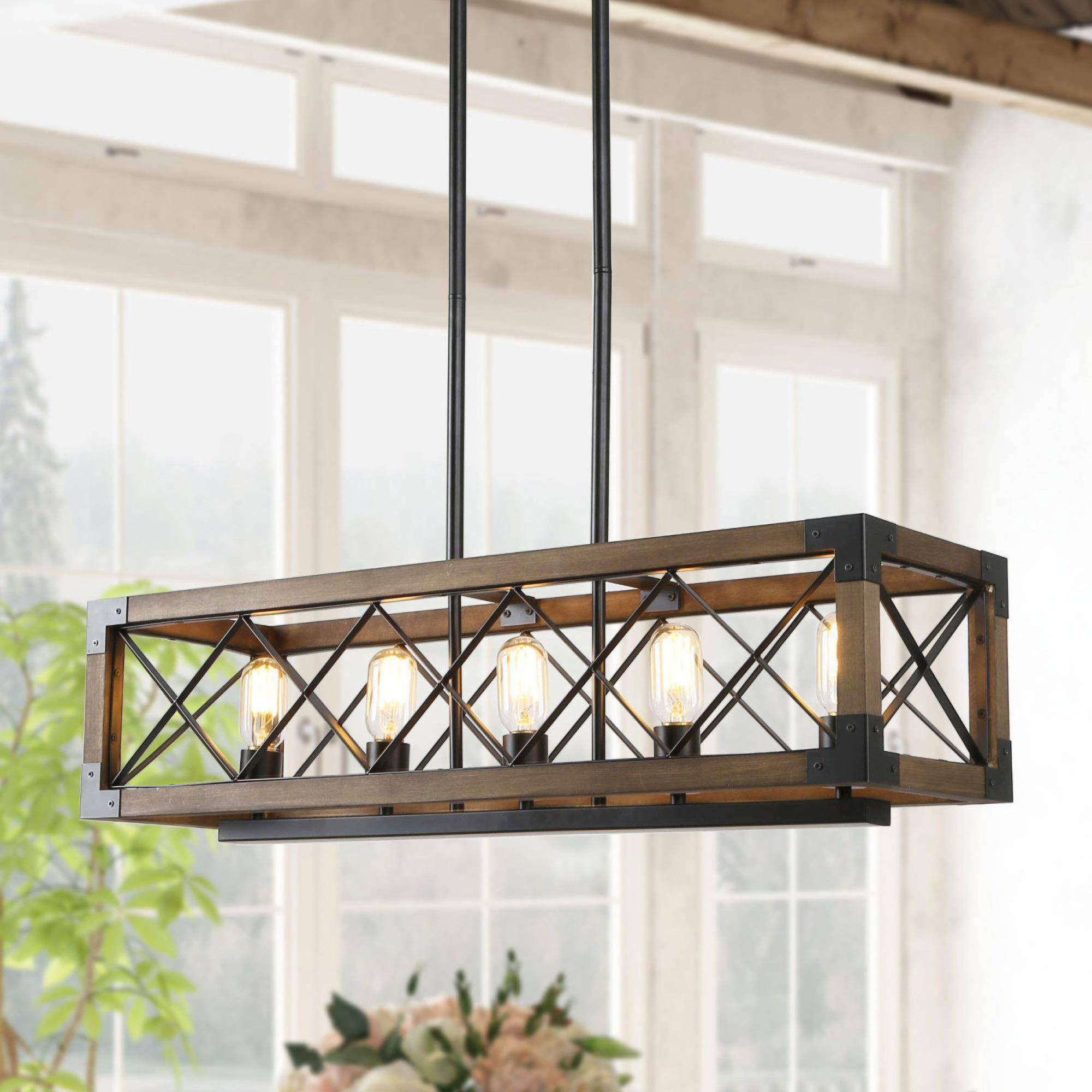 LNC 5-Light Wood and Black Metal Farmhouse Rectangular Kitchen Island Chandelier