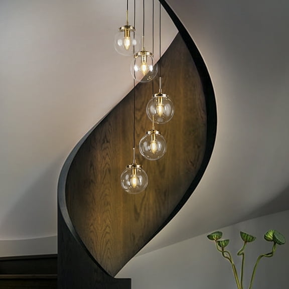 5-Light Globe Glass Brass Finish Pendant Linear Staircase Chandeliers