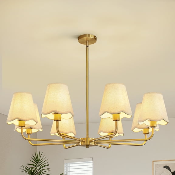 5-Light Gold Modern Farmhouse Chandelier with Wavy Fabric Shades for Dining Room