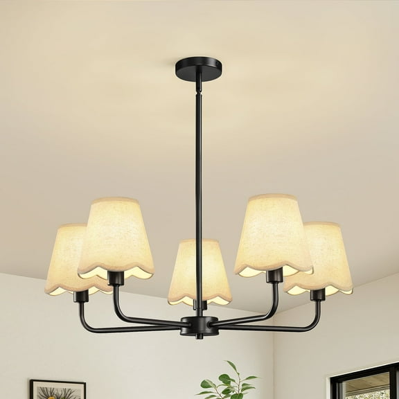 5-Light Height Adjustable Pendant Light with Wave Fabric Shades, for Sloped & Flat Ceilings, Modern Chandelier for Kitchen Island