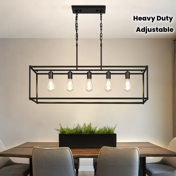 5-Light Industrial Farmhouse Pendant Light - Modern Industrial Retro Linear Lighting Fixture with Adjustable Height, Heavy-Duty Metal Construction, Semi-Flush Mount or Hanging Installation for Dining