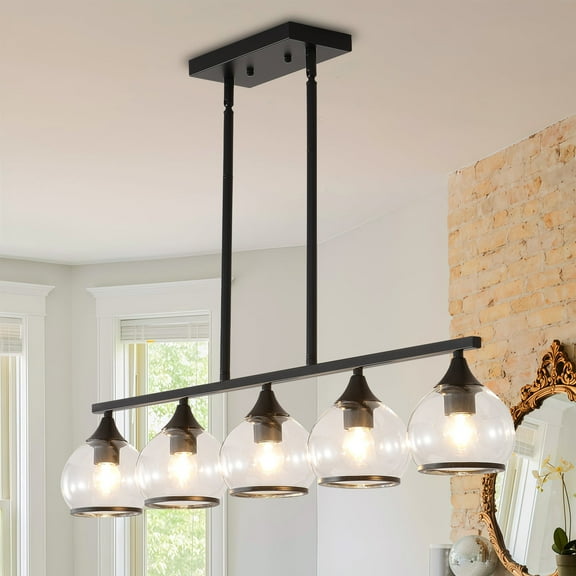 5-Light Island Lights Lighting for Kitchen, Black Linear Chandelier with Clear Glass Shade, Kitchen Island Lighting Dining Room Light Fixture Over Table