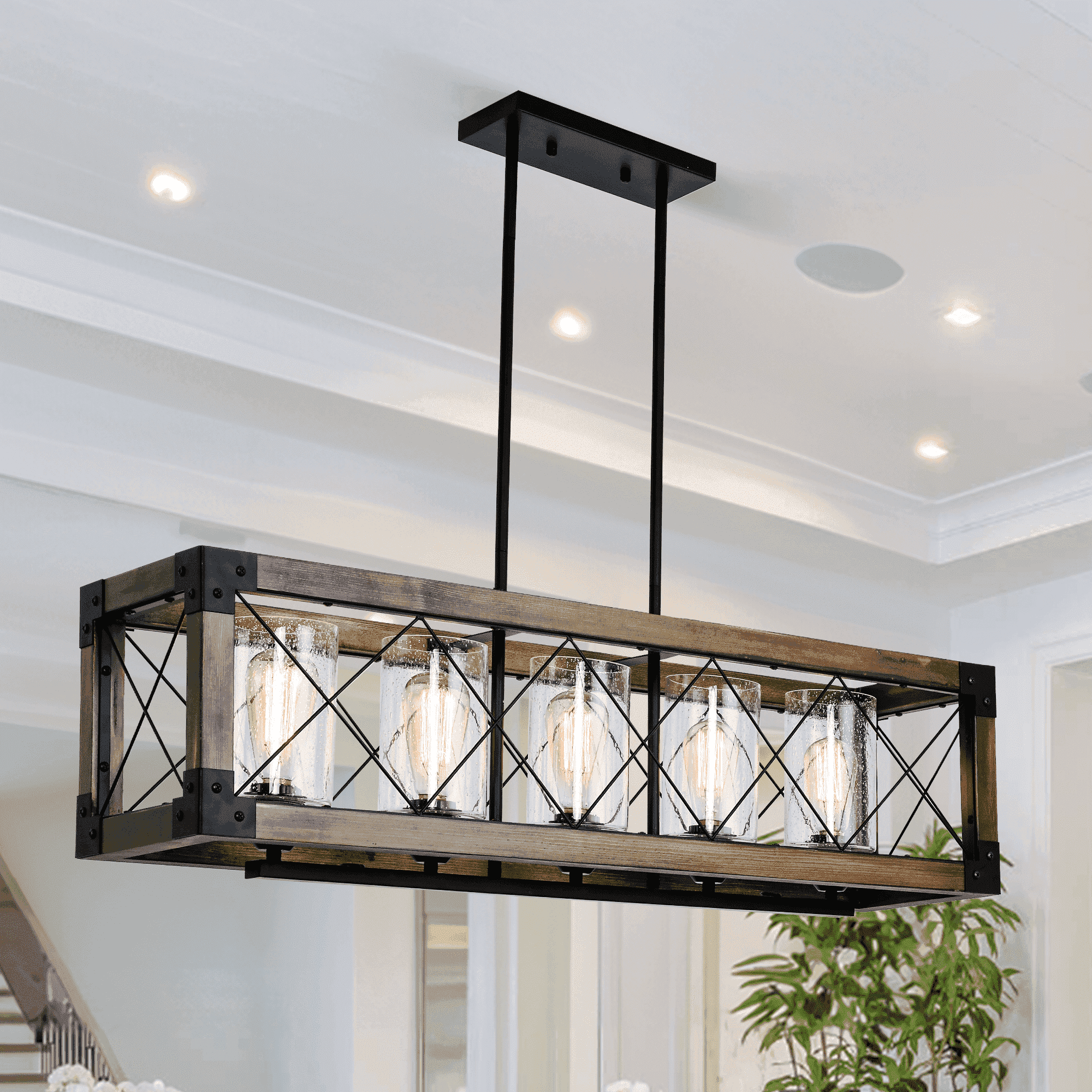 bokifol 5-Light Fixture Kitchen Island Lighting, 35.5 Inch Rustic Rectangle Chandeliers for Dining Room