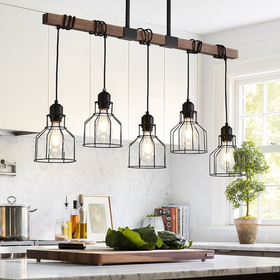 5-Light Kitchen Island Lighting, 37" Dining Room Light Fixture, Adjustable Height Farmhouse Chandelier, Modern Linear Ceiling Chandeliers for Dining Room