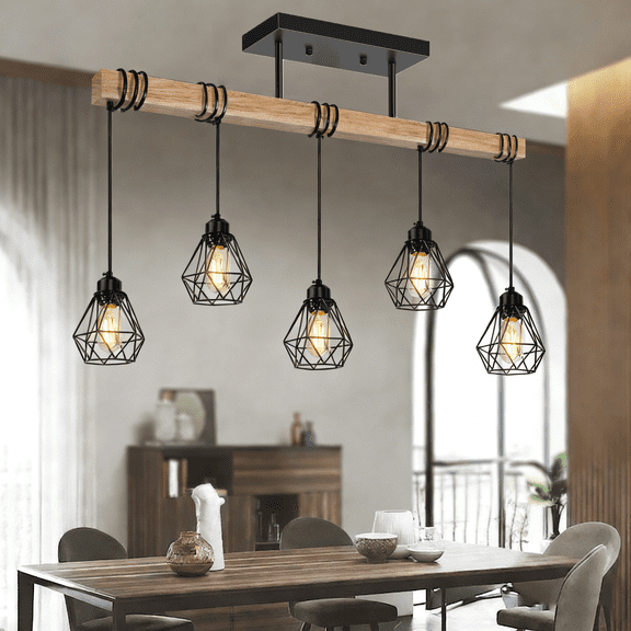 5-Light Kitchen Island Lighting Dining Room Light Fixture Chandelier with Black Metal & Wood