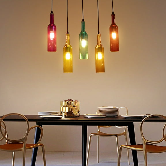 5-Light Kitchen Island Linear Pendant Light with Glass Colored Shade, Modern Wine Bottle Chandelier, Adjustable Height