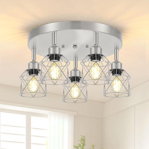 5-Light Kitchen Light Fixtures, Silver Adjustable Semi Flush Mount Ceiling Light with E26 Base, Multi-Directional Track Ceiling Lighting for Hallway, Dining Room, Entryway