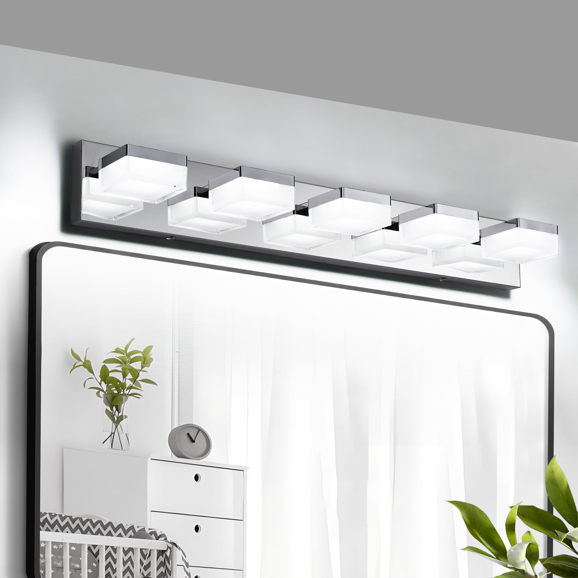 5 Light LED Modern Bathroom Lighting Fixtures Over Mirror 31.5in Dimmable Bathroom Vanity Light Fixture Chrome