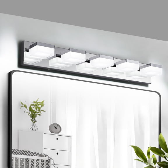 5 Light LED Modern Bathroom Lighting Fixtures Over Mirror 31.5in Dimmable Bathroom Vanity Light Fixture Chrome