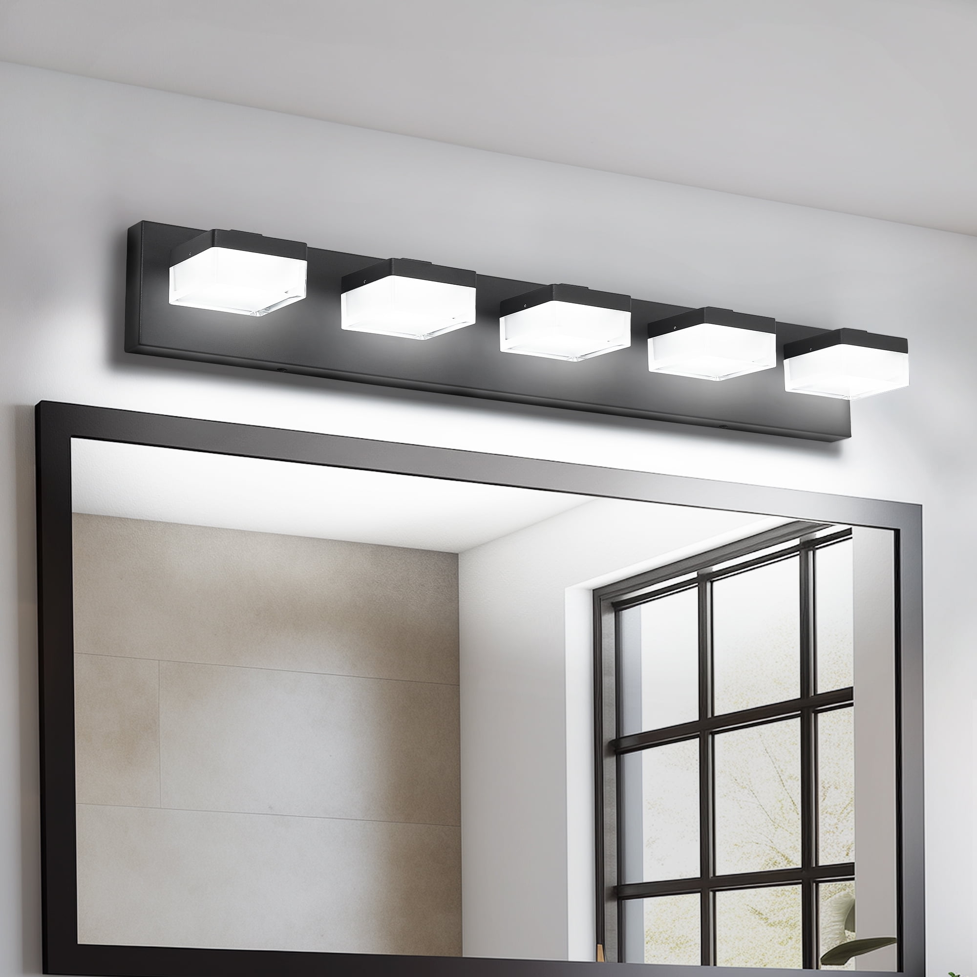 5 Light LED Modern Bathroom Lighting Fixtures Over Mirror 31.5in Dimmable Bathroom Vanity Light Fixture Matte Black