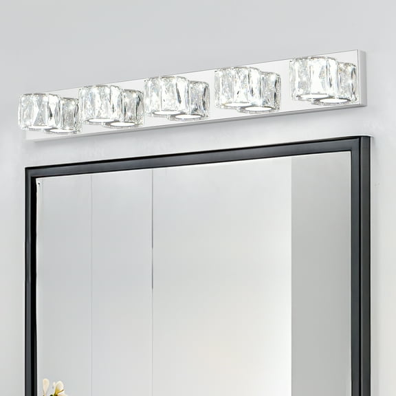 5-Light LED Vanity Light, 34.6 Inch with Crystal Shades, Dimmable, Polished Chrome Modern