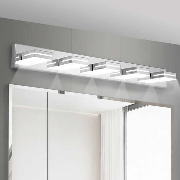 5-Light LED Vanity Light, 40.6-Inch Bathroom Wall Sconce with Rotatable Heads, Matte Chrome Modern