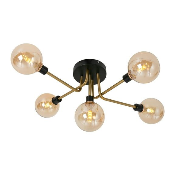 5-Light Large Modern Globe Glass Flush Mount Chandelier Ceiling Light,85-240V, G9 Bulb Base Amber