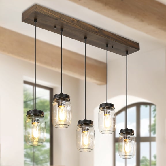 LNC 5-Light Farmhouse Linear Chandelier with Mason Jar Glass and Wood Frame