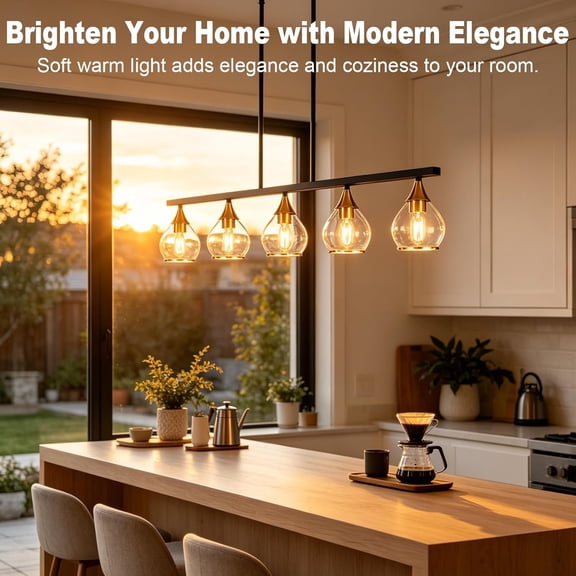 5-Light Linear Kitchen Island Pendant Light, Black And Gold Two-Tone Pendant Light With Clear Glass Shade, Adjustable Height E26