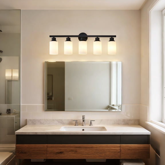 5-Light Matte Black Vanity Light with Frosted Glass Shades, Bathroom Wall Sconce, E26 Base, Hardwired