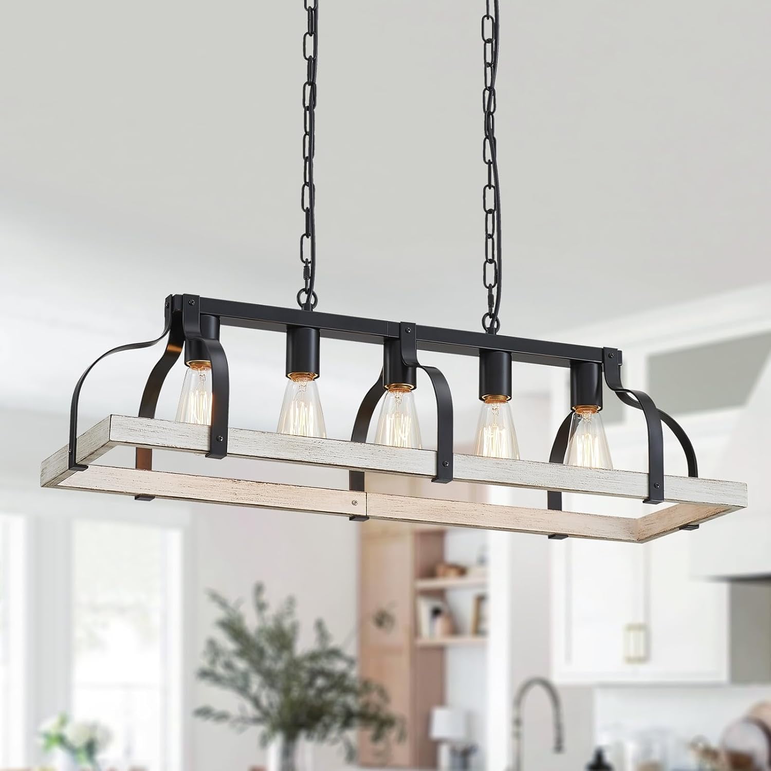 Rustic Black and Wood Grain Linear Pendant Chandelier