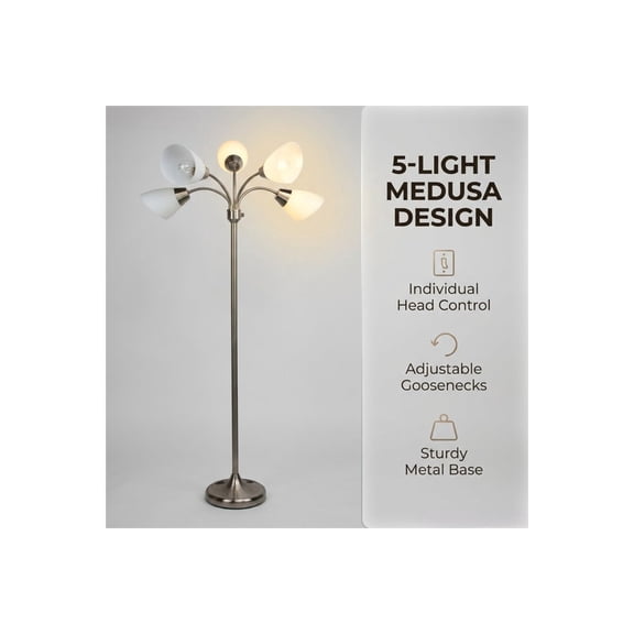 5-Light Metal Tree Floor Lamp with Adjustable Arms, 67" Tall pole Standing Reading Light for Living Room, Sand Nickel Modern Floor Lamp with Individual Switches (Bulb Not Included)