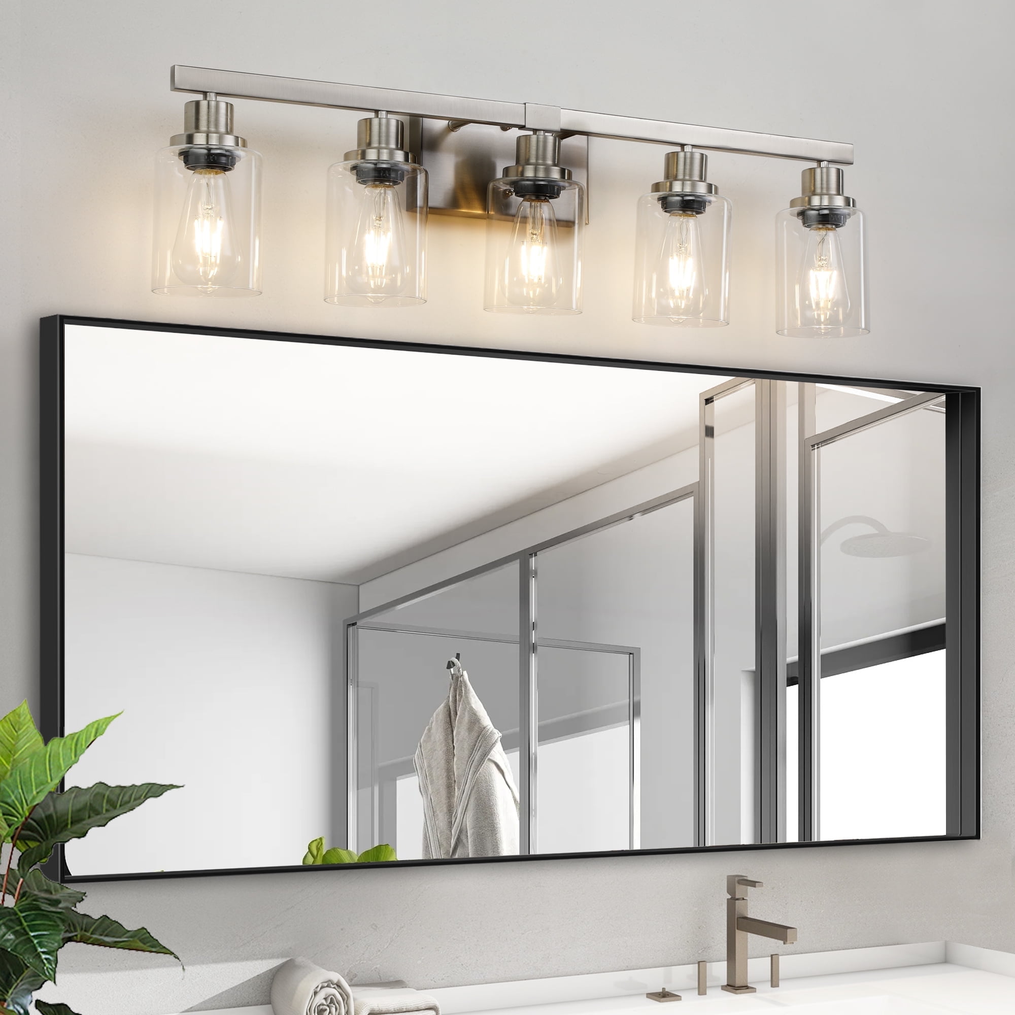 5-Light Modern Bathroom Vanity Light, 31 Inch Wall Sconce with Clear Glass Shades, Dimmable E26 Base, Brushed Nickel