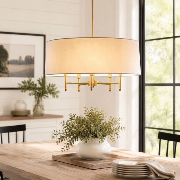 5-Light Modern Linear Drum Pendant Light, Brass Gold Chandelier with White Linen Shade, Adjustable Hanging Ceiling Light for Dining Room Kitchen Island