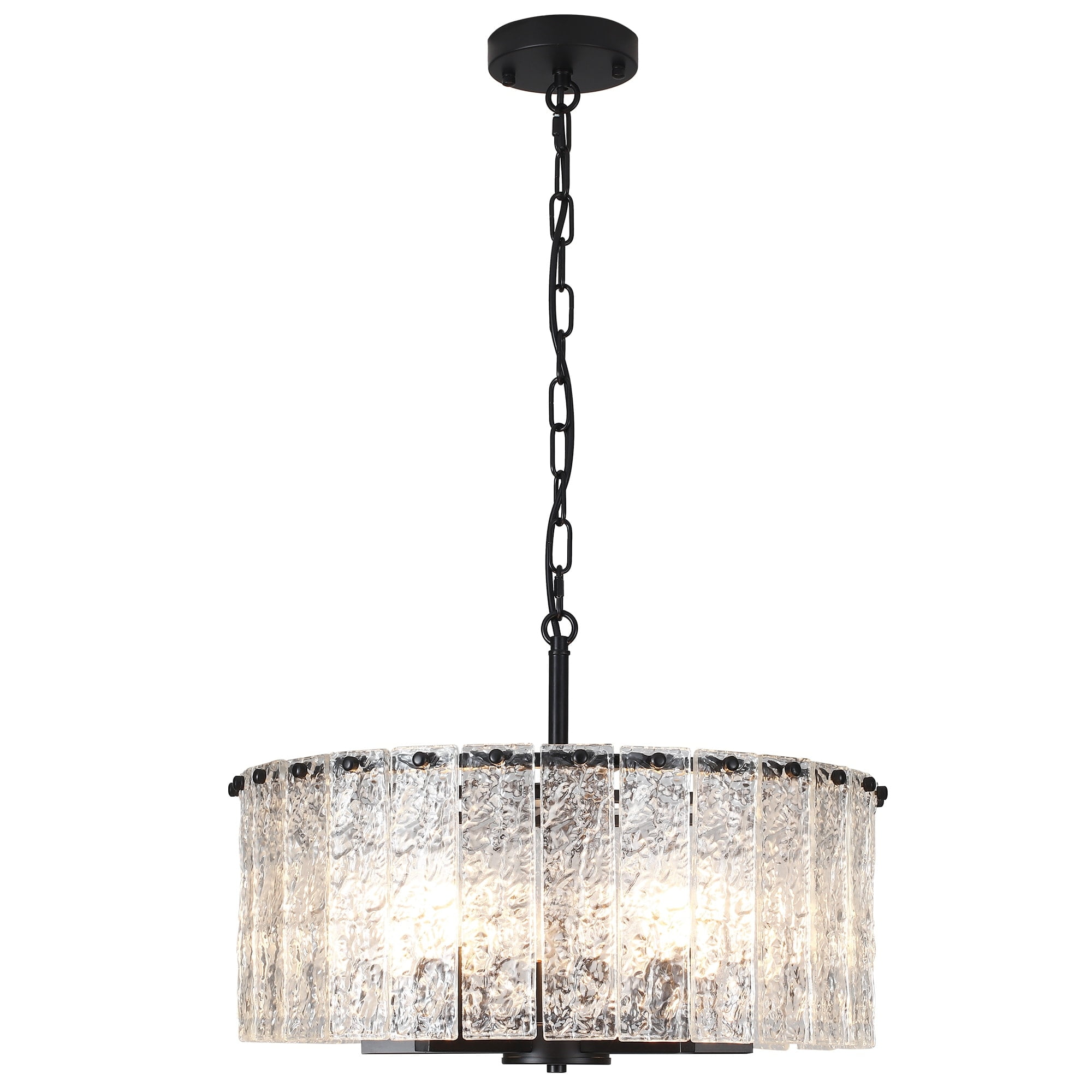 Black Metal and Glass Drum Pendant Light with Crystal Accents
