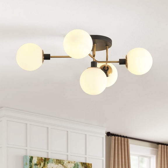5-Light Modern Sputnik Chandelier, Globe Frosted Glass Shade Industrial Lighting Fixture, Farmhouse Semi Flush Mount Ceiling Light for Living Room Bedroom
