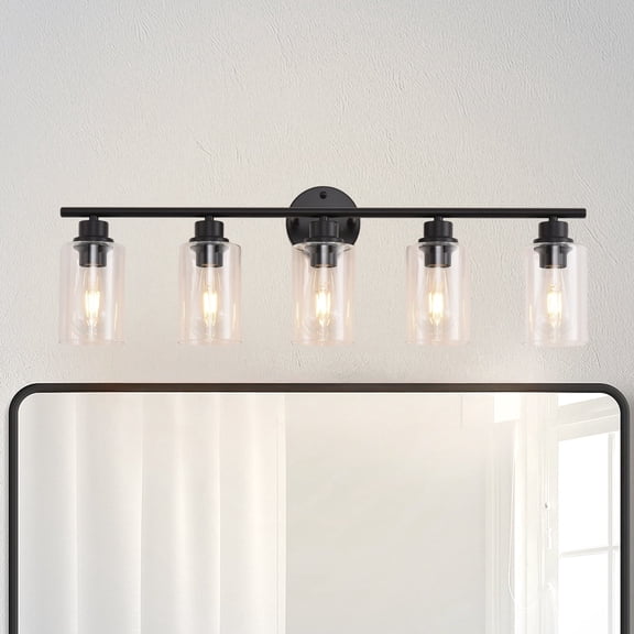 5-Light Modern Vanity Light with Clear Glass Shade - Dimmable Bathroom Black Wall Lamp for Mirror, Kitchen, Hallway