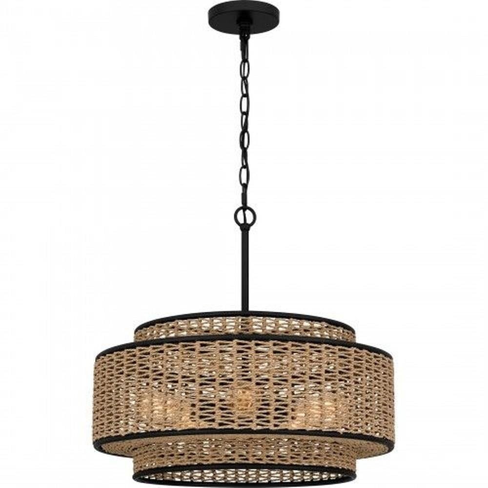 Matte Black Steel and Natural Rope 5-Light Drum Pendant