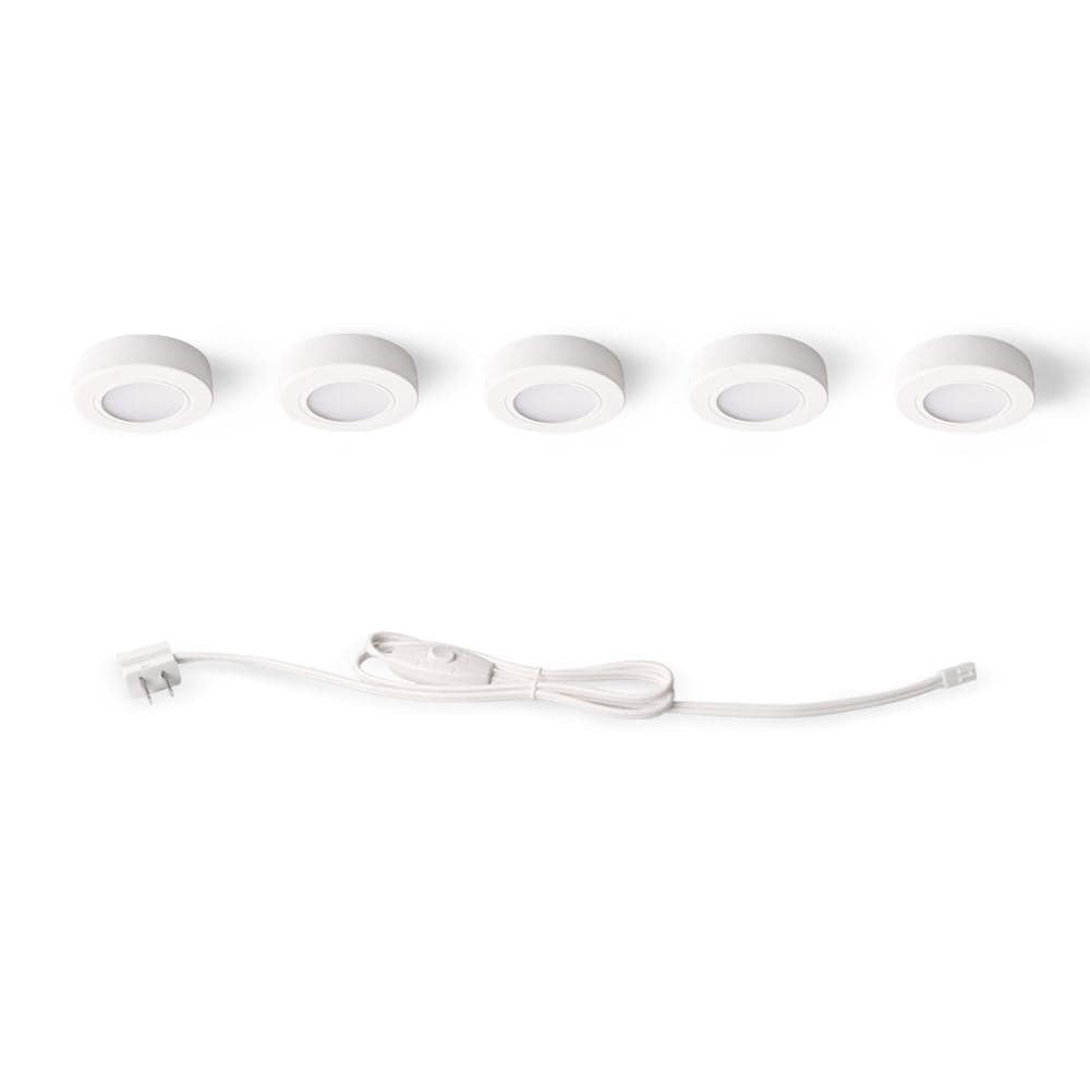 5-Light White LED Puck Light Kit with Plug-In