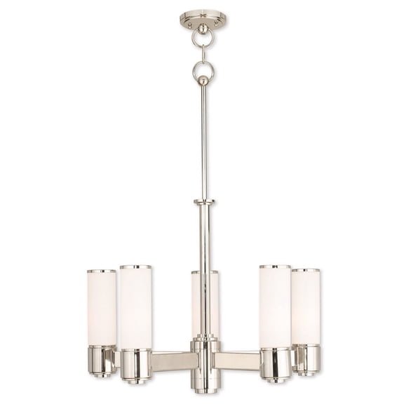 5 Light Polished Nickel Dinette Chandelier with Hand Blown Satin Opal White Glass Shade