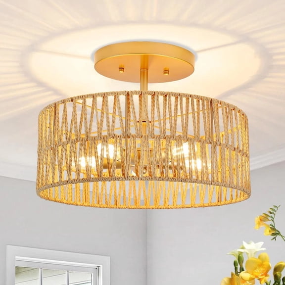 5 Light Rattan Flush Mount Ceiling Light, 15.9" Wicker Woven Boho Ceiling Light Fixture