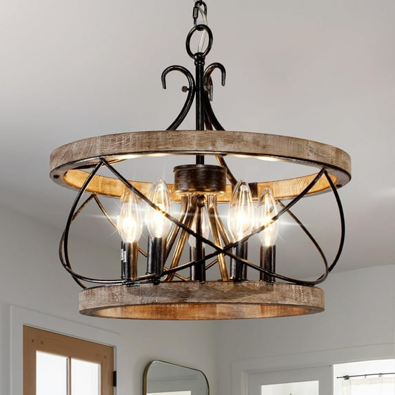 5-Light Rustic Drum Chandelier,Wood Farmhouse Chandelier Light Fixture, Black Vintage Chandelier for Dining Room Entryway Foyer Kitchen Island Hallway (20 Inch)
