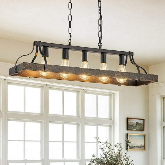 5-Light Rustic Kitchen Island, Farmhouse Linear Chandelier Black and Retro Wood Finish with Adjustable Chain, Industrial Metal Hanging Pendant Light, for Dining Room, Foyer, Entryway