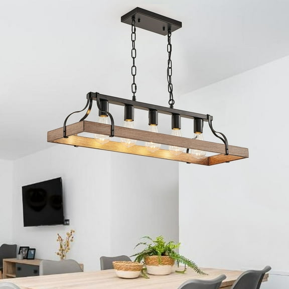 5-Light Rustic Kitchen Island, Farmhouse Linear Chandelier Walnut and Retro Wood Finish with Adjustable Chain, Industrial Metal Hanging Pendant Light, for Dining Room, Foyer, Entryway, UL Listed