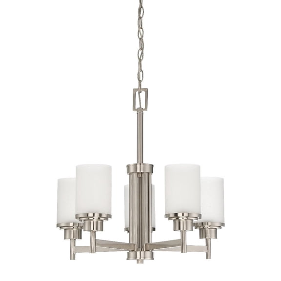 F17025-80-Sunset Lighting-Somes - 5 Light Chandelier Bright Satin Nickel Finish with Linen Glass