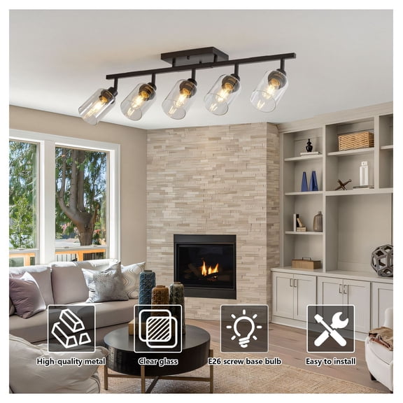 5-Light Track Lighting Kit Black - Bathroom, Kitchen, Hallway Spotlight - Rotatable Track Heads, Ceiling & Wall Mount - Modern Farmhouse Style