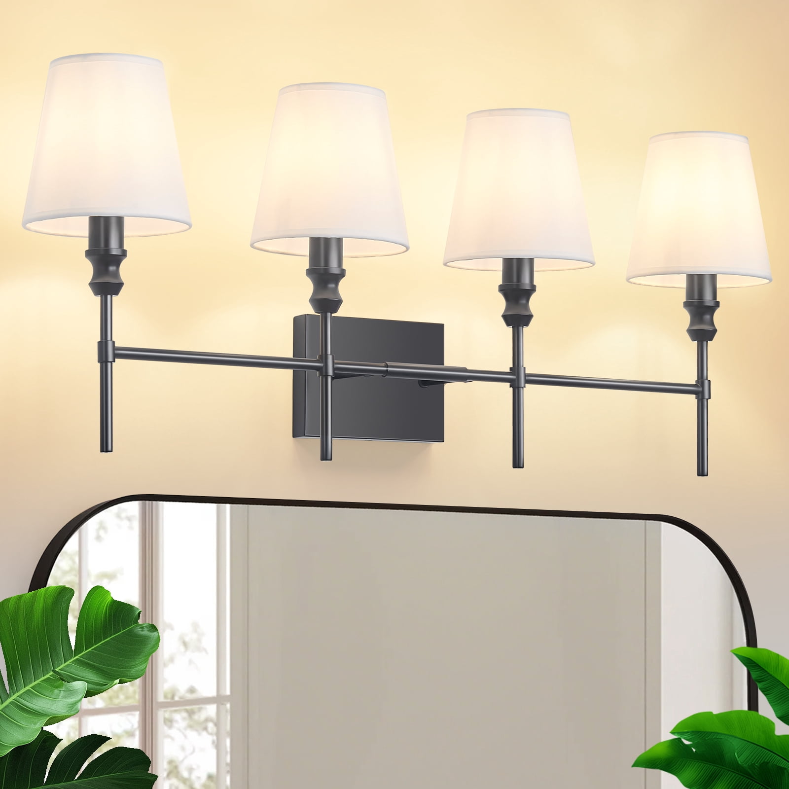 Black Bathroom Vanity Light 4 Light，32.3In Vintage Bathroom Light Fixtures Over Mirror,Hardwired Vanity Wall Sconce with Flared White Fabric Lampshade for Bedroom,Living Room,Foyer,E12 Base