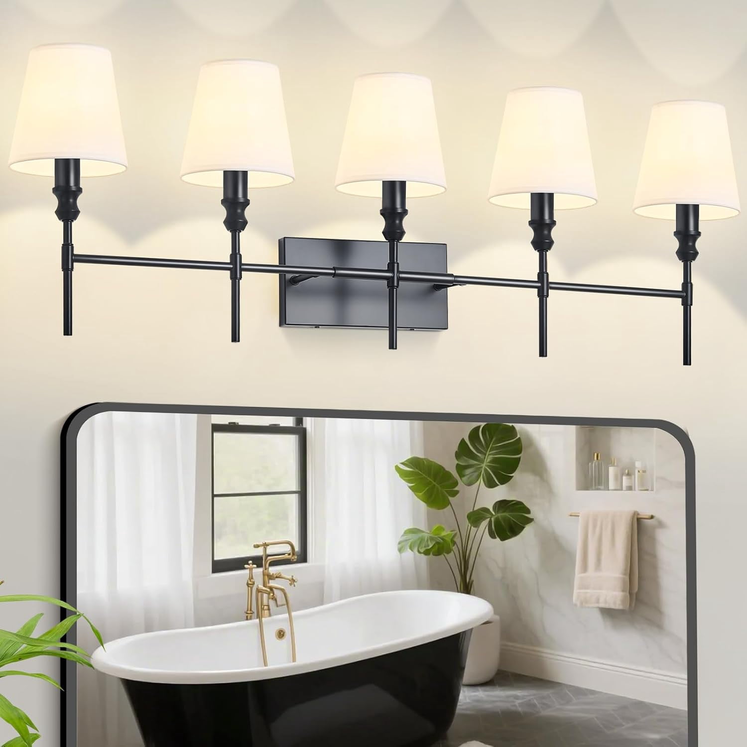 5-Light Vanity Lights for Bathroom,41 in Vintage Black Bathroom Vanity Light Fixtures,with Flared White Fabric Lampshade for Bedroom,Living Room,Foyer,Hardwired,E12 Base