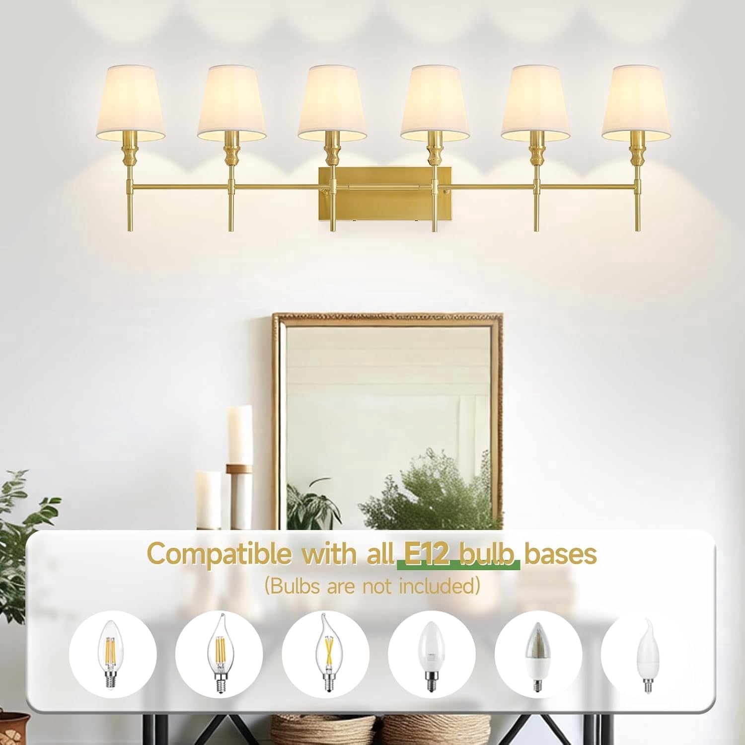 6-Light Vanity Lights for Bathroom,41 in Vintage Black Bathroom Vanity Light Fixtures,with Flared White Fabric Lampshade for Bedroom,Living Room,Foyer,Hardwired,E12 Base