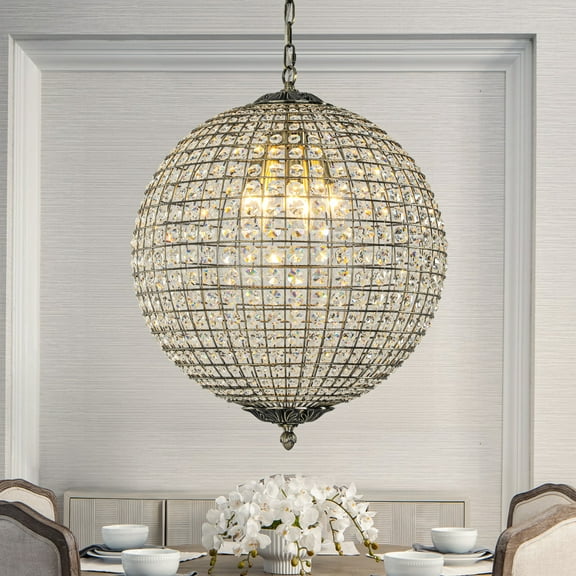 5-Light W20 in Vintage Crystal Sphere Chandelier in Antique Gold Modern Glam Globle Cage-Style Shade Pendant Light for Dining Room Living Room