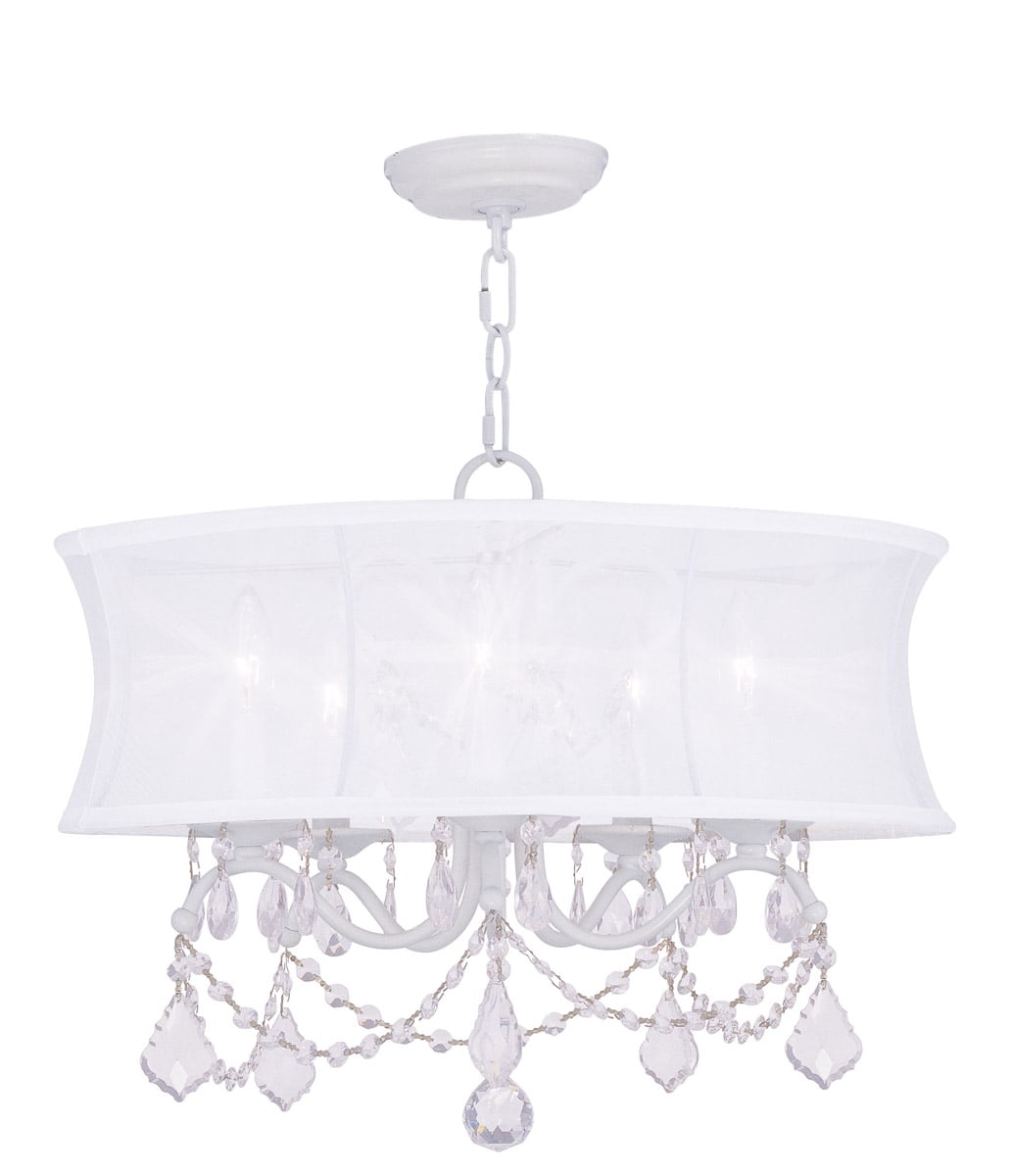 White Crystal Chandelier with Silk Shade and Scrolling Arms